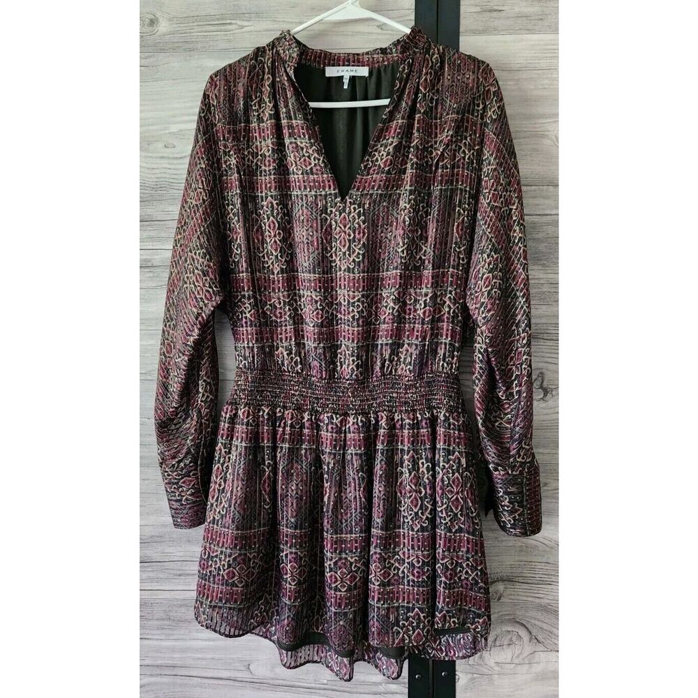 FRAME Silk & Metallic Size Small Party Paisley Mini Dress Lined Deep Moss Multi